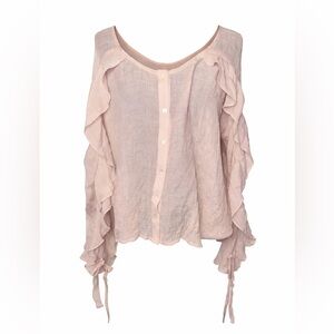 Whimsical Boho Blush Pink Ruffle Sleeve Button Front Semi-Sheer-Large
